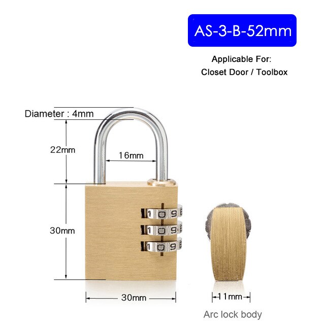 NAIERDI Digital Combination Password Lock High Security Solid Brass Anti-Drill Lock Travel Luggage Code Padlock Suitcase Locks: AS-3-B-52MM