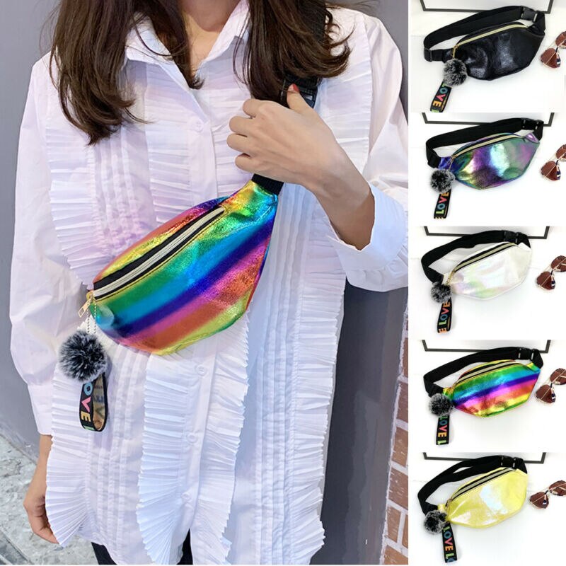 Delle Ragazze Delle donne del Pacchetto Della Vita di Arcobaleno Colorato di Fanny Sacchetto Della Cinghia Del Sacchetto Pom Amore Della Nappa Del Sacchetto Hip Bum Borse Da Viaggio di Sport Piccola Borsa di modo di Nuovo