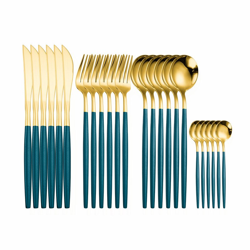 Gold Cutlery Tableware 24 Piece Knife Fork Spoon Set Polishing Flatware Forks Spoon Set Stainless Steel Cutlery Dinnerware Sets: green gold 6sets