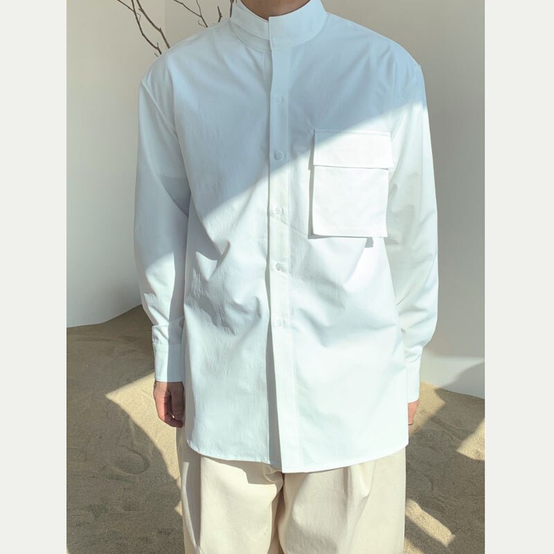 Mandlig vintage skjorte med krave til mænd japan korea streetwear afslappet løse langærmede skjorter