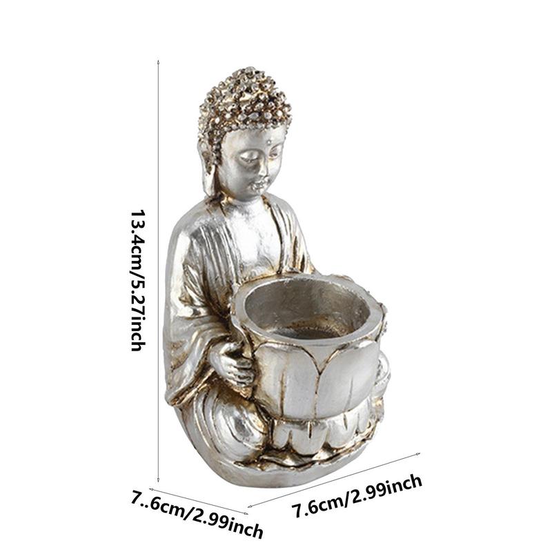Portavelas con estatua de Buda, vela de meditación, decoración pequeña de Buda rezando, candelabro de resina meditando para el hogar, patio trasero y oficinas