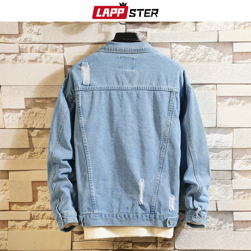 Lappster blåt hul japansk streetwear denim jakker mænd hip hop bomber jakke denim jakke harajuku casual windbreaker 4xl