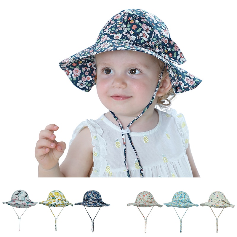 Babymeisjes grote rand bedrukte emmerhoed baby katoenen zomer strik buiten verstelbare koord pet zonnehoed rozet bleekmiddel hoed