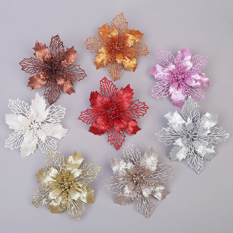 6pcs Glitter Kunstmatige Kerst Bloemen Vrolijke Kerstboom Decoratie Ornamenten Xmas Party Supplies Nep Bloemen Hoofd