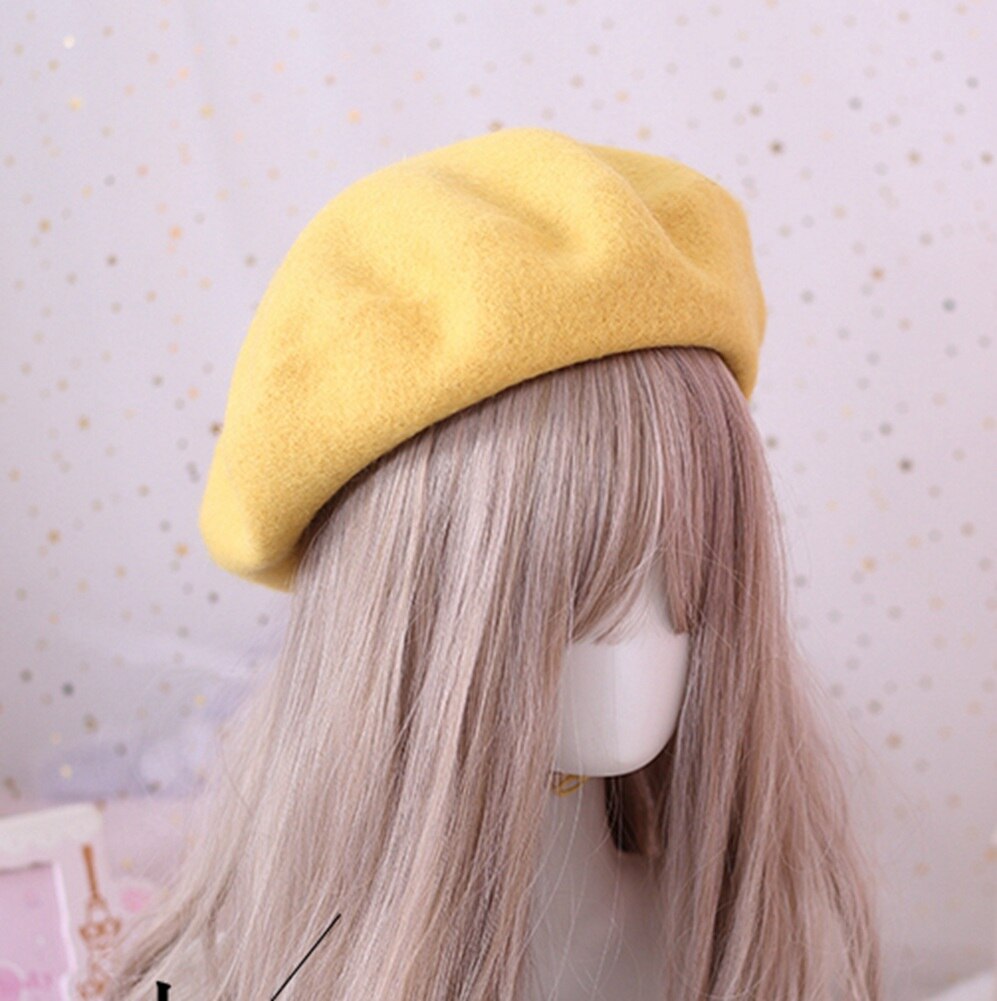 Solid Color Wool Beret for Women Girls Winter Autumn Beanit Hat: Yellow