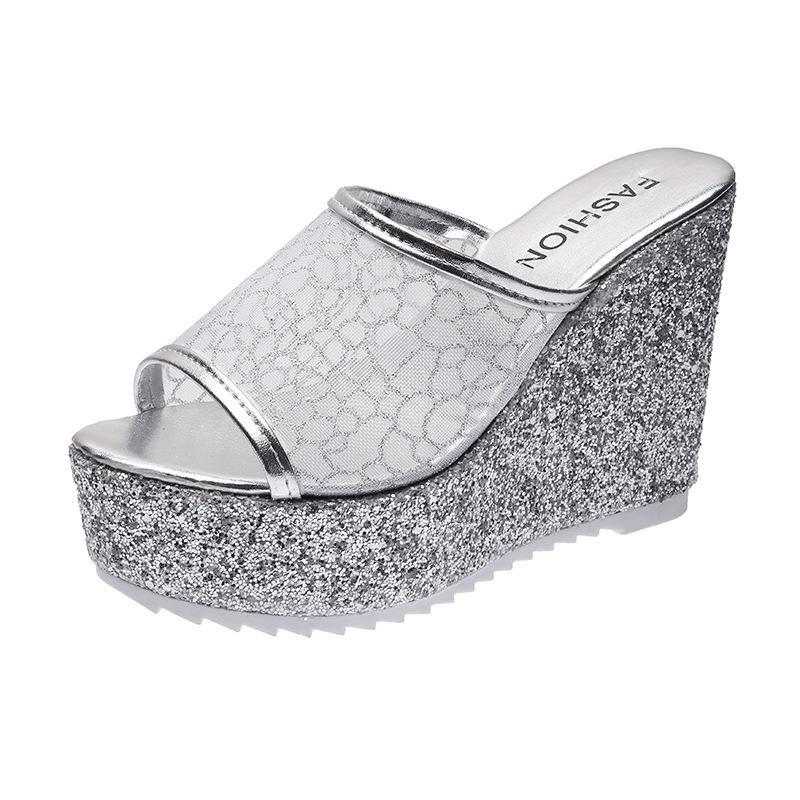 Nuevas zapatillas doradas de para mujer, zapatos de verano con plataforma (4cm) para el exterior, cuñas de tacón alto de 11cm, toboganes femeninos de malla lisa: Plata / 37