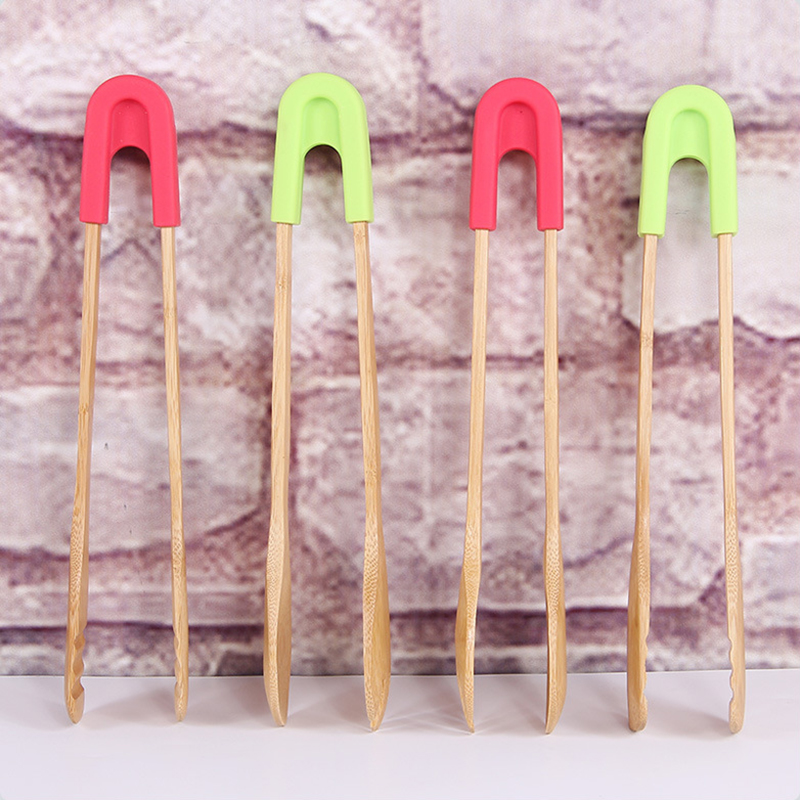 Wooden Salad Cake Snack Clip Bamboo Food Toaster Tongs Silicone Handle Bread BBQ Tongs Kitchen Tools Clamp Cooking Utensils