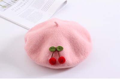 Béret de cerise pour enfants, chapeau pour fille, couleur Pure, mignon, Style japonais, fait à la main, , collection automne hiver, 48-52CM: pink
