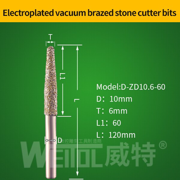 Weitol 10mm elektrolyyttinen timanttihiomakiviterät kartiojuotetut jyrsimen terät cnc-terä graniitille: D -zd10.6-60