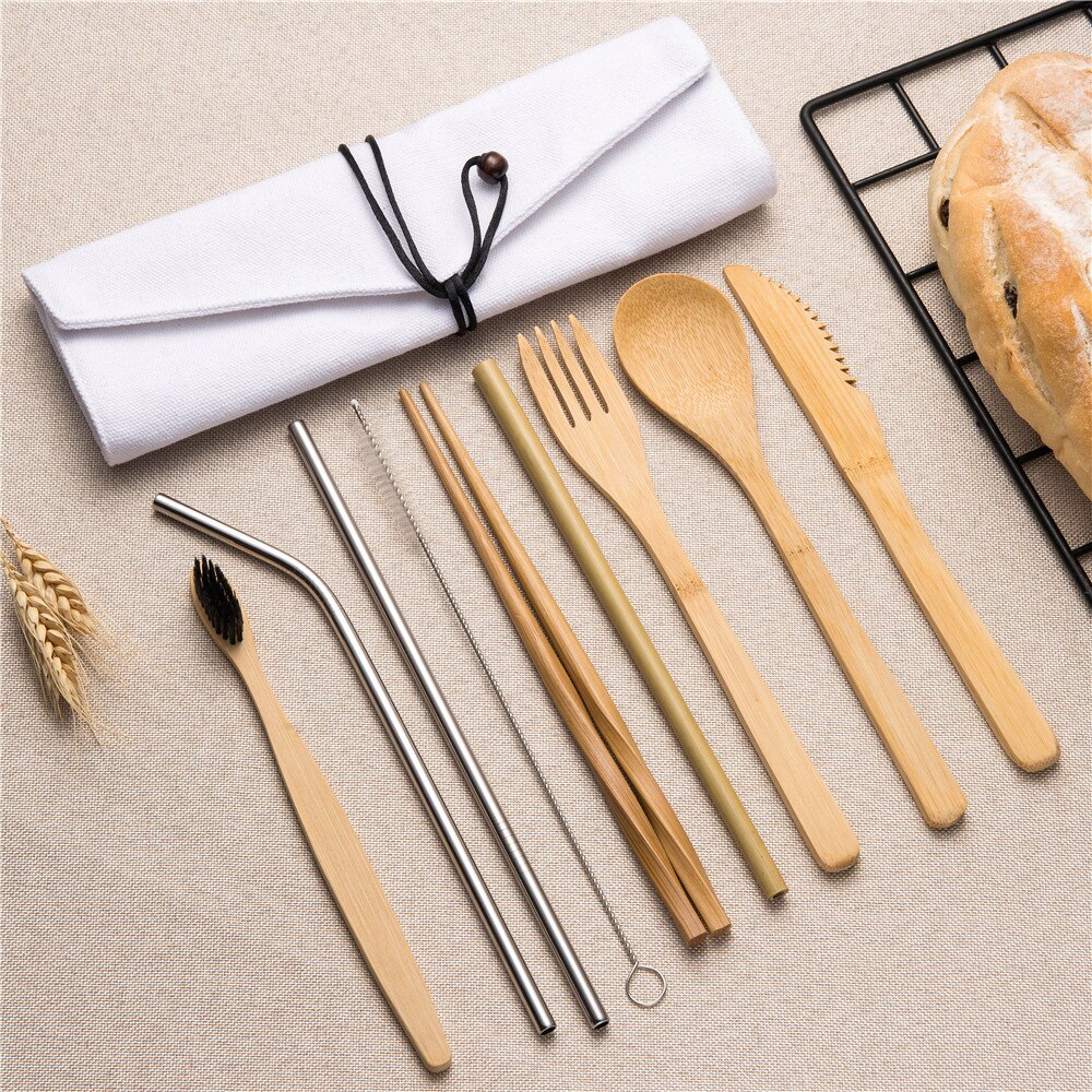 10 stuks Herbruikbare Bamboe Bestek Set Draagbare Servies Houten Bestek Vork Lepel Mes Set met Bestek Tas voor Travel Dinning set: 10pcs set0010