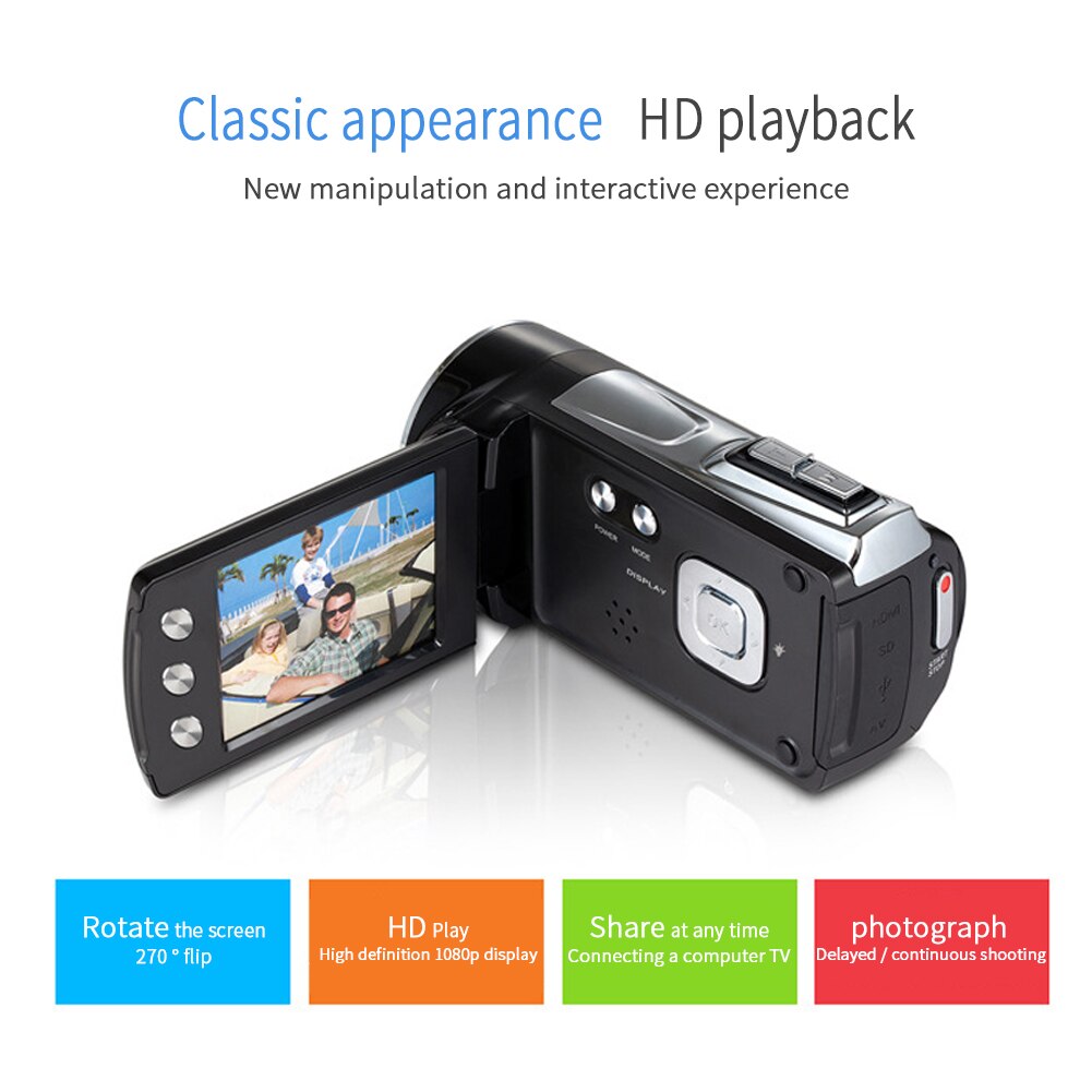 Video Camera LCD Screen 2.7 Inch Recorder Home Zoom 8X Portable Digital Camcorder 270 Degree Rotation Handheld Full HD 1080P