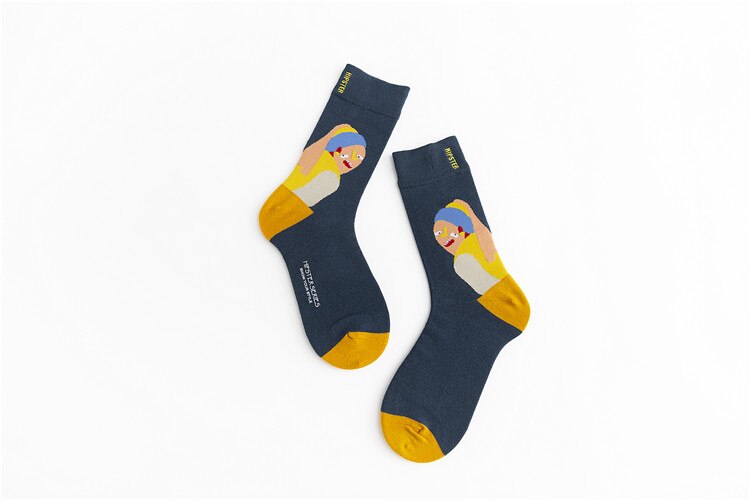 Unisex Oil Painting Style Women Socks 100 Cotton Harajuku Colorful Mid Socks Women 1 Pair Size 35-43 Christmas: 8115-2