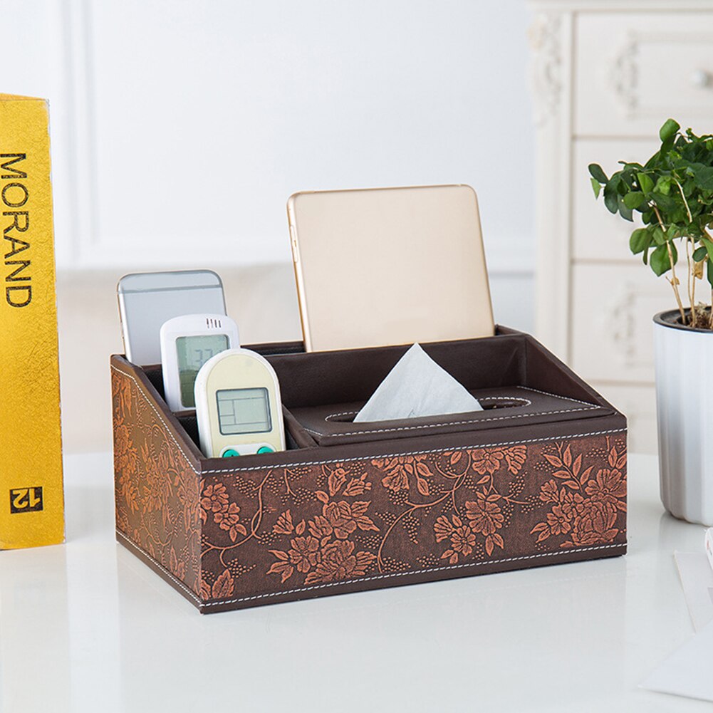 Partitioned Faux Leather Tissue Box Home Desk Table Remote Control Phone Tissue Paper Napkin Storage Box Holder Organizer
