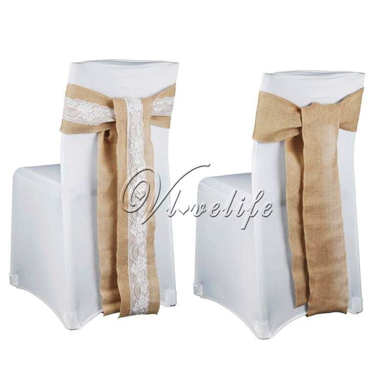 6 ''  x 94 '' handgemaakte jute jute kant stoel strik stoel sjerp feest bruids babyshower rustiek bruiloft decor