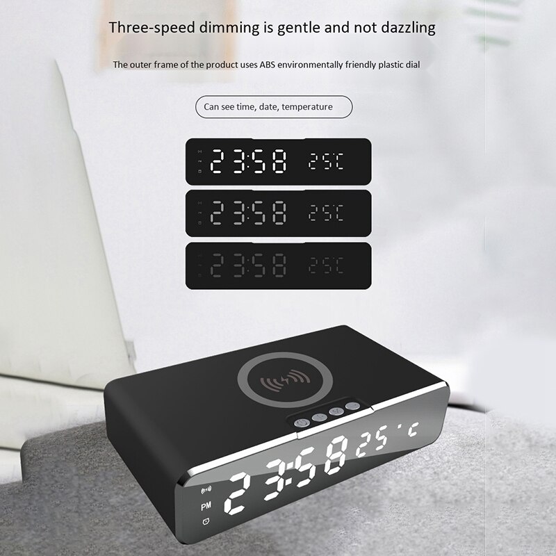 Mobiele Telefoon Elektrische Led Wekker Draadloze Oplader Hd Spiegel Met Tijd Geheugen Digitale Thermometer Klok