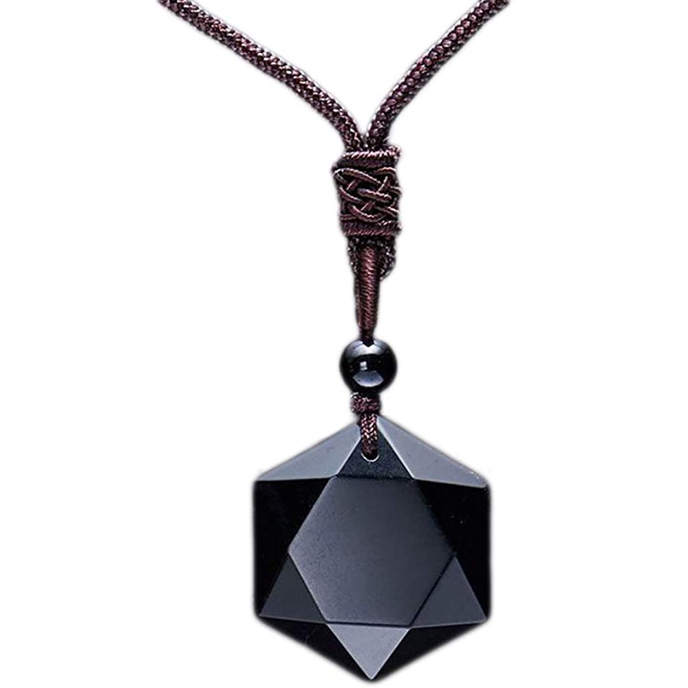 Schwarz Obsidian Hexagramm Natürliche Stein Halskette Transluzenten Eis Obsidian Wolf Zahn Amulett und Ihn Paare Halskette: 1-Braun Seil