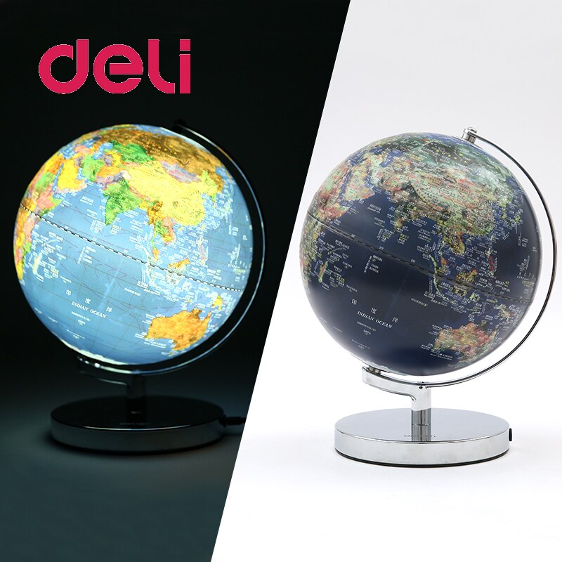 Deli LED light Stereoscopic 3d World Earth Globe Map Geography Educational metal Stand Home Ideal Miniatures office gadgets