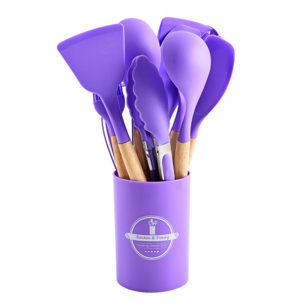 12 Stuks Siliconen Keukengerei Non-stick Kookgerei Keukengerei Set Spatel Schop Eikloppers Houten Handvat Koken Tool set: Paars
