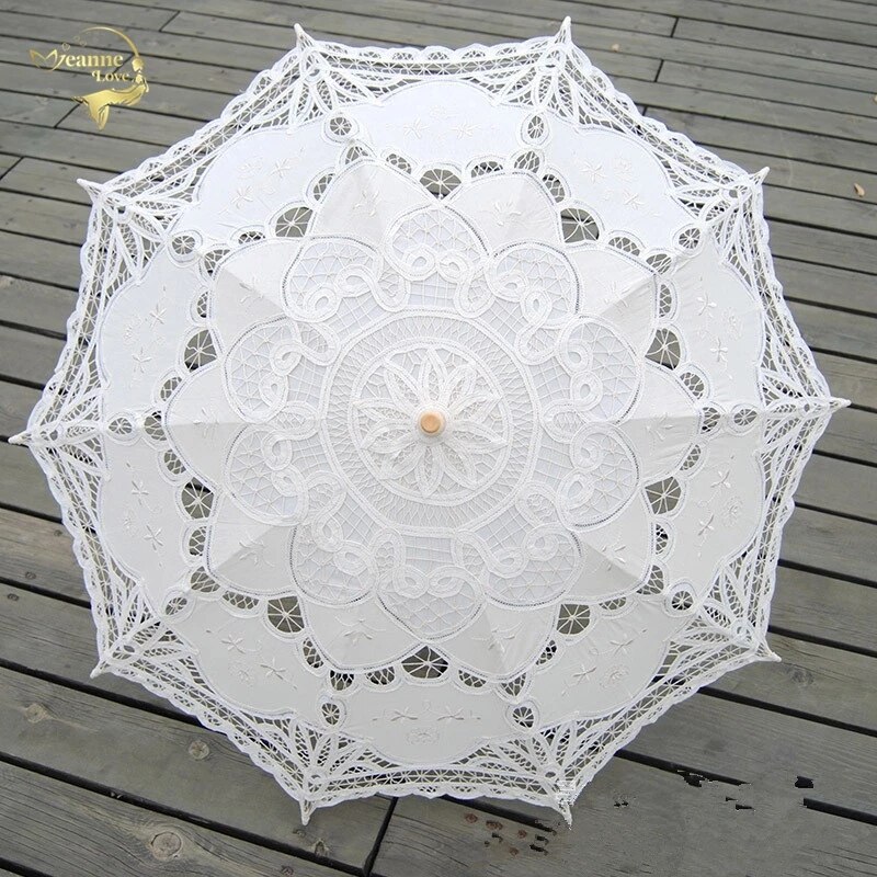 Zon Paraplu Katoen Borduren Bridal Paraplu Wit Ivoor Battenburg Kanten Parasol Paraplu Decoratieve Paraplu Voor Bruiloft
