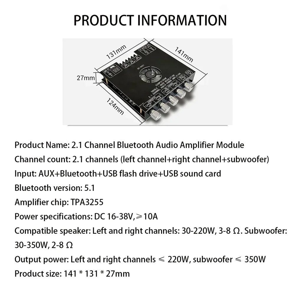 Płytka Wzmacniacza Audio 2.1 Bluetooth 5.1 TPA3255 2x220W+350W Klasa D AS21