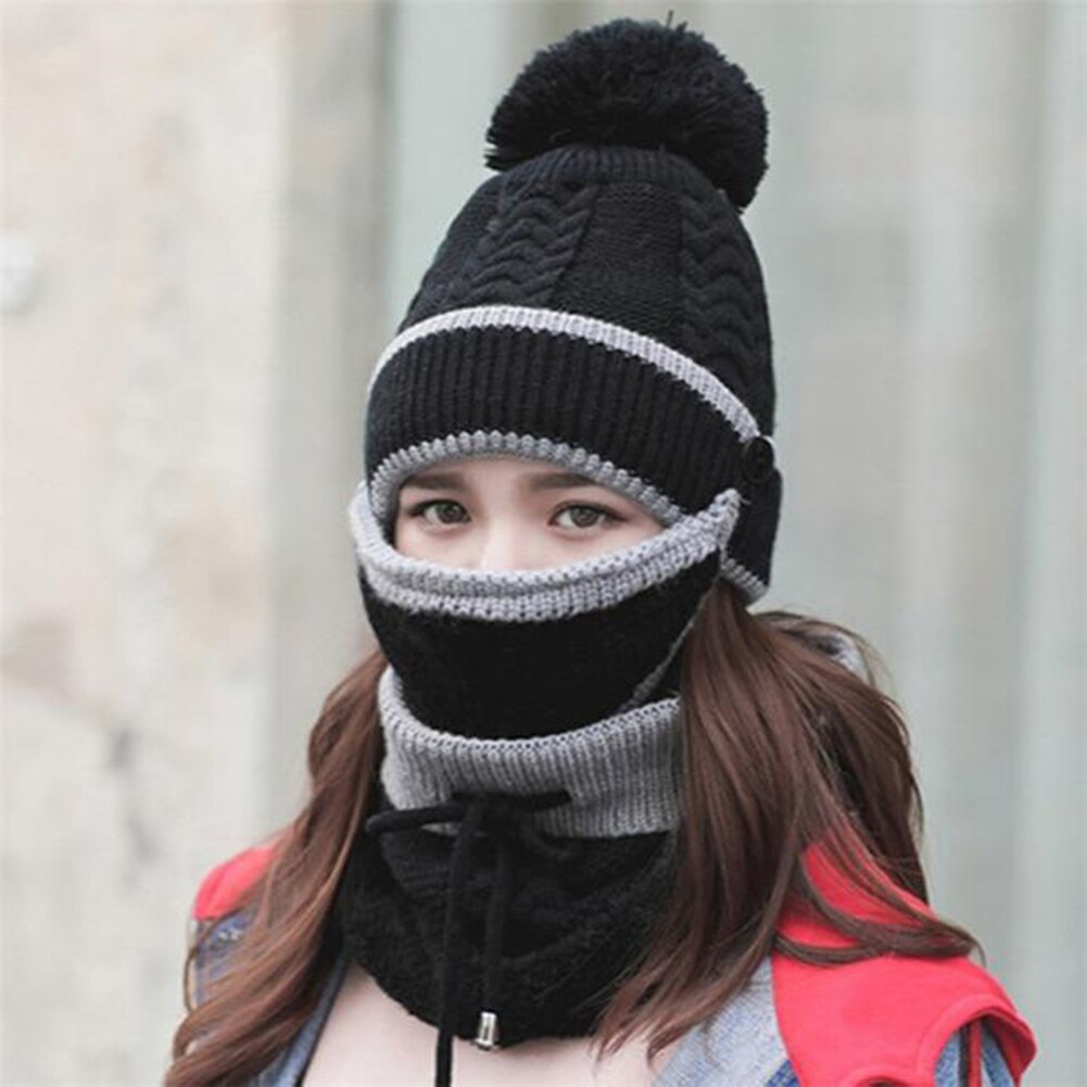 3 pièces femmes hiver écharpe ensemble épais tricoté chapeau écharpe couverture de visage en plein air WHShopping