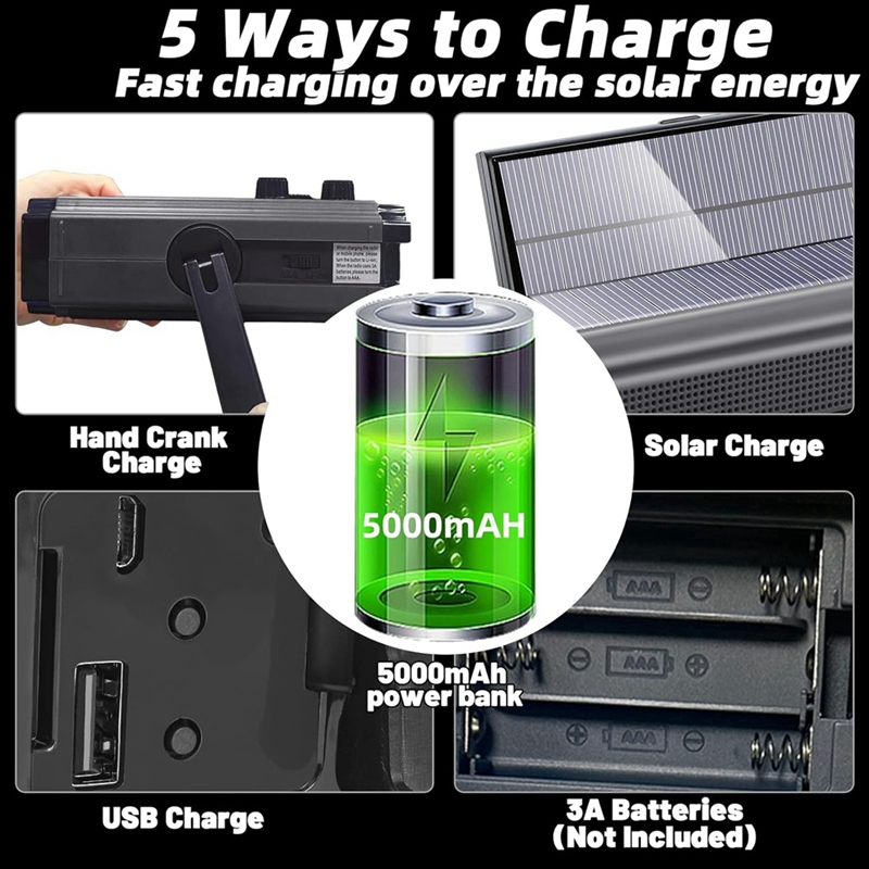Emergency Weather Radio Hand Crank Solar Radio Portable AM/FM/NOAA Radio With 5 Charging Modes Cell Phone Charger
