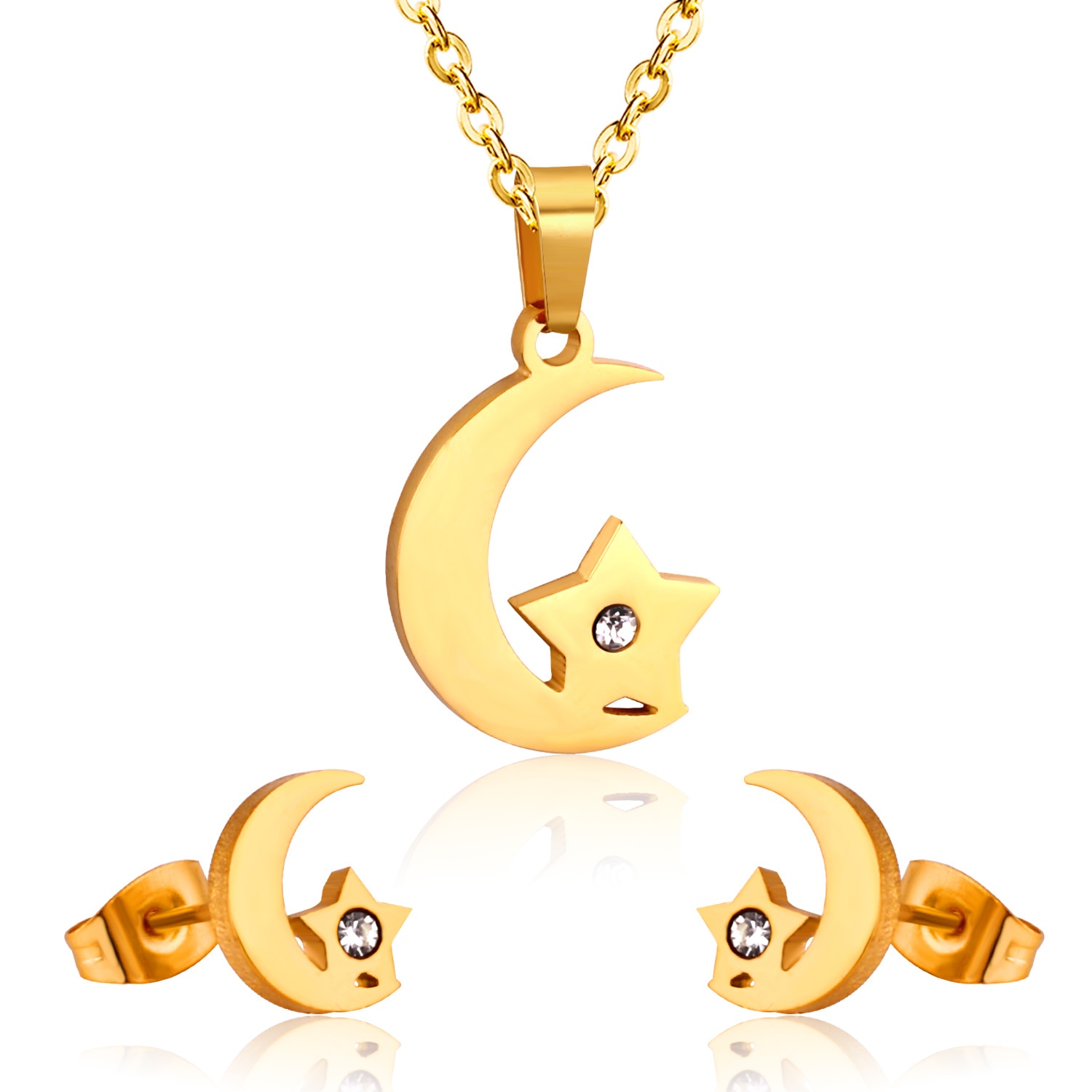 Luxukisskids Crystal Moon Star Ketting Earring Sets Rvs Dubai Indiase Bruiloft Gouden Sieraden Set Voor Vrouwen Meisjes