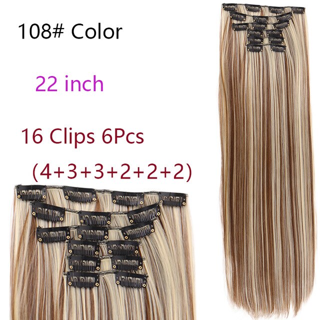 MANWEI Clips In Hair Extentions Women Synthetic Hair Extensions 6 Pcs/Set 16 Clips 22 Inch Synthetic Hair Piece: 108