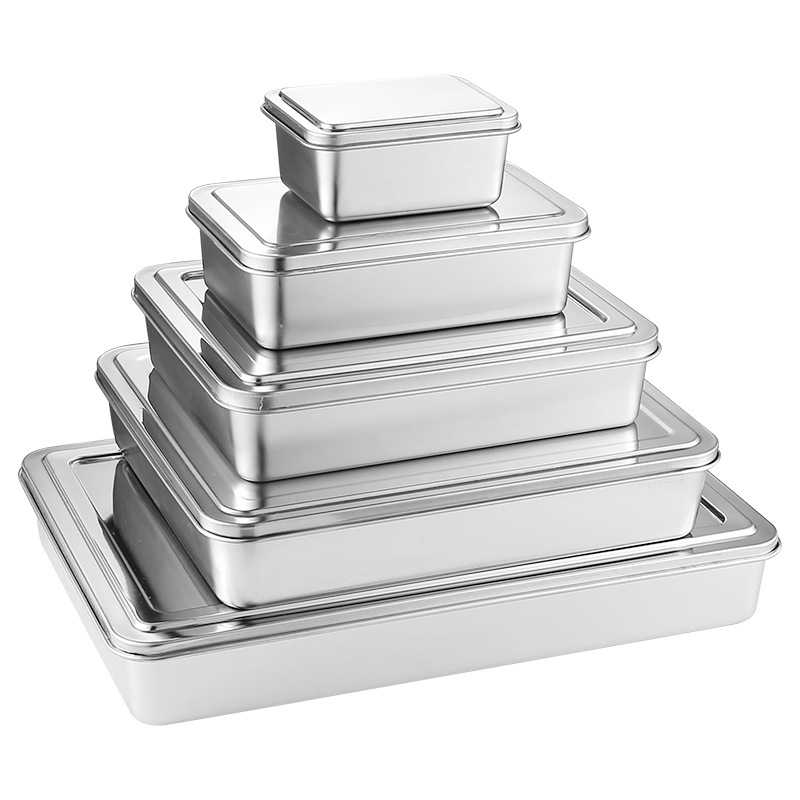 Stainless Steel Flat Bottom Storage Tray with Lid Square Food Plate Cake Bread Pastry Baking Pan Dish Bakeware Kitchen Tools