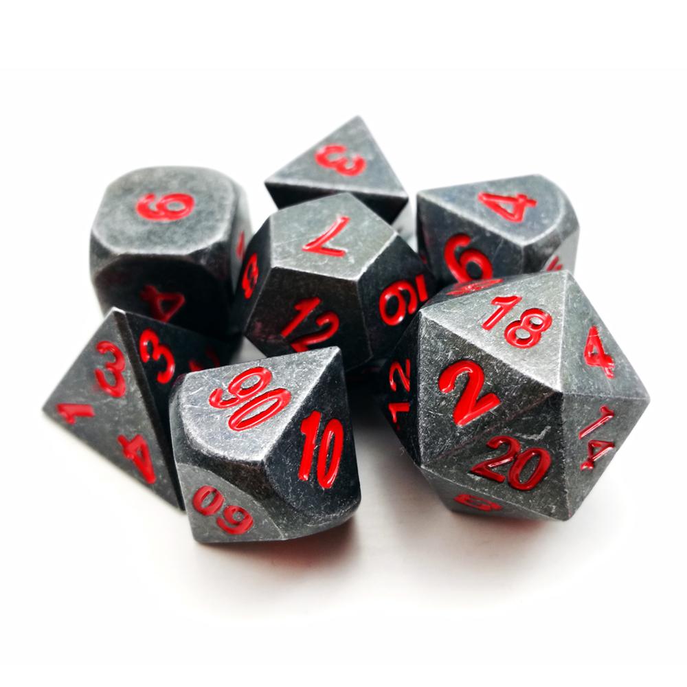 Metallic 7pcs RPG Dice Set, Metal RPG Game Dice With Red Numbers, Metallic 7pcs Polyhedral Dice Set