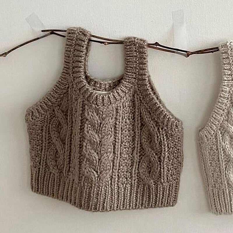 Gilet tricoté sans manches pour filles, chandails pour enfants, Tops tricotés de Style coréen, printemps automne 2022: Brown vest / 24M