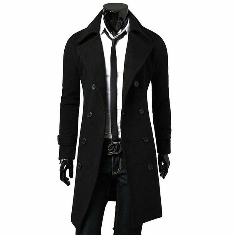 Män jacka varm vinter trenchcoat lång ytterkläder knapp överrock man casual vindjacka överrock jackor rockar ullblandningar