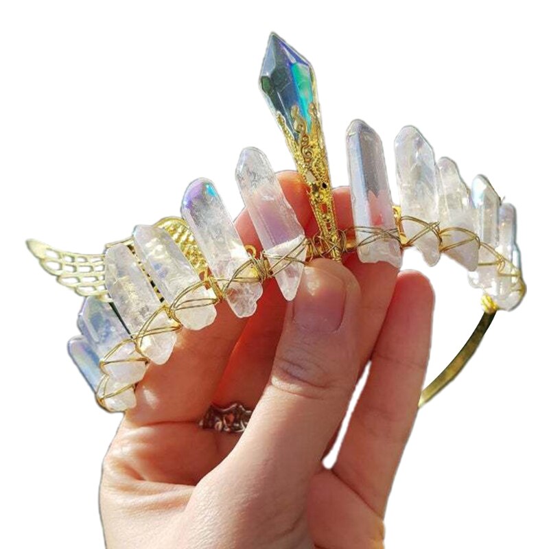 Corona de cuarzo de cristal crudo hecha a mano, diadema de Metal Vintage, ala de Ángel, diosa, Tiara, Halo, diadema antigua para boda