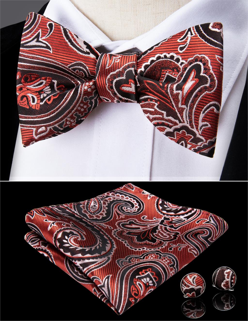 Verstelbare Strikjes Classic Wedding Party Self Strikje mannen Zijden Jacquard Paisley Strikjes Pocket Vierkante Manchetknopen Set DiBanGu: HL-0075