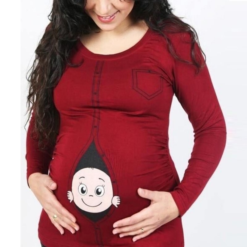 Maternity Pregnant Long Sleeve T Shirts Cartoon Baby Peeking Out Printed Clothes Maternity Funny Shirts