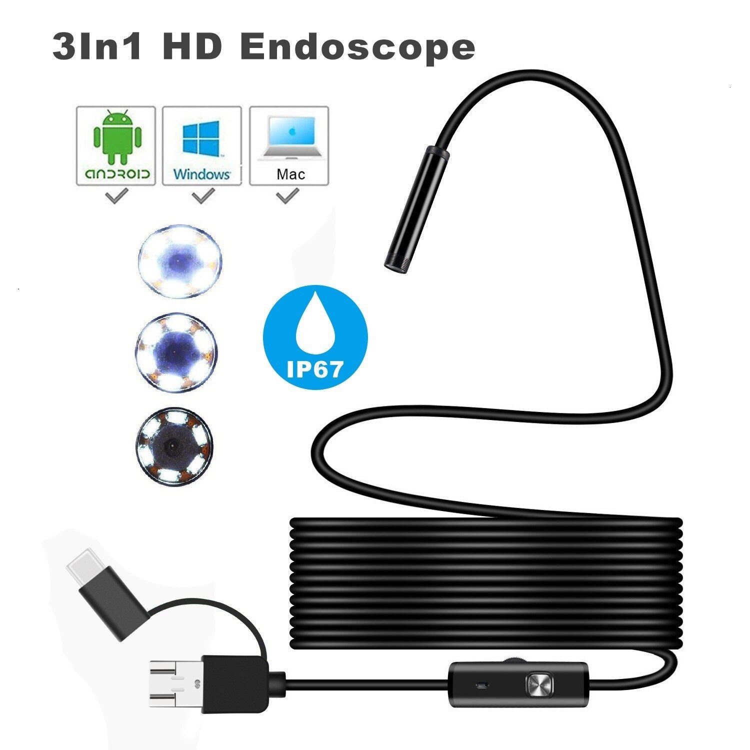 3 in 1 Semi-rigide USB Endoscoop Camera 5.5MM IP67 Waterdichte Snake Camera Met 6 Led voor Windows & Macbook PC Android Endoscoop