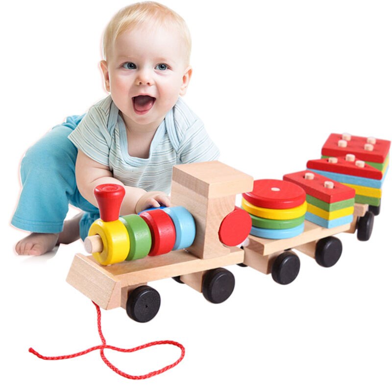 Baby Houten Speelgoed Trailer Stapelen Vorm Geometrie Trein Kleurrijke Congnitive Educatief Blokken Cadeaus Voor Kinderen BM88