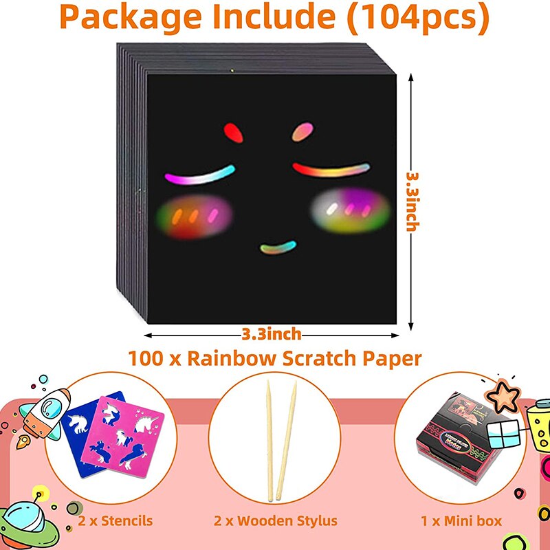 104 pcs mini rainbow scratch paper art craft kits kids diy drawing toy with graffiti stencil stylus scraping painting card