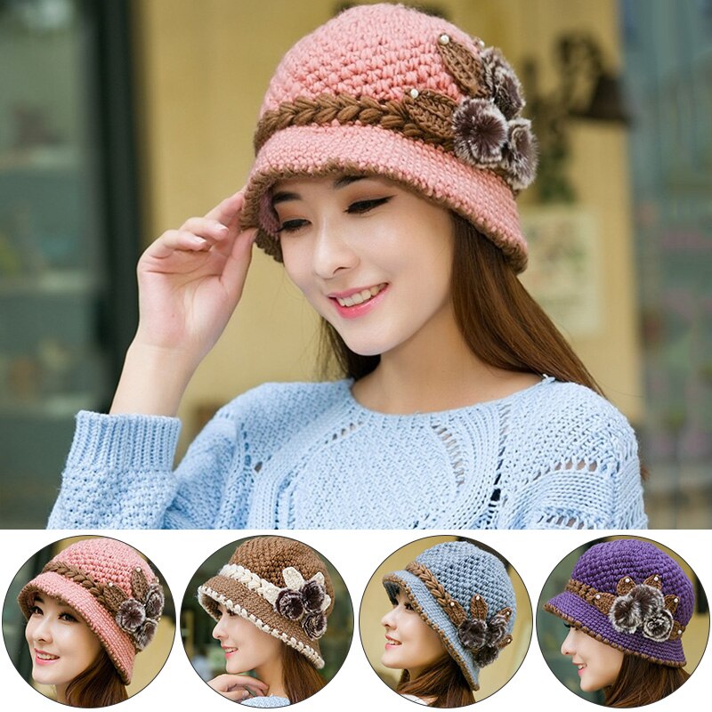 Women Woolen Beanie Hat Winter Knitted Caps With Flower Pattern Ladies Warm Bucket Hats Capot