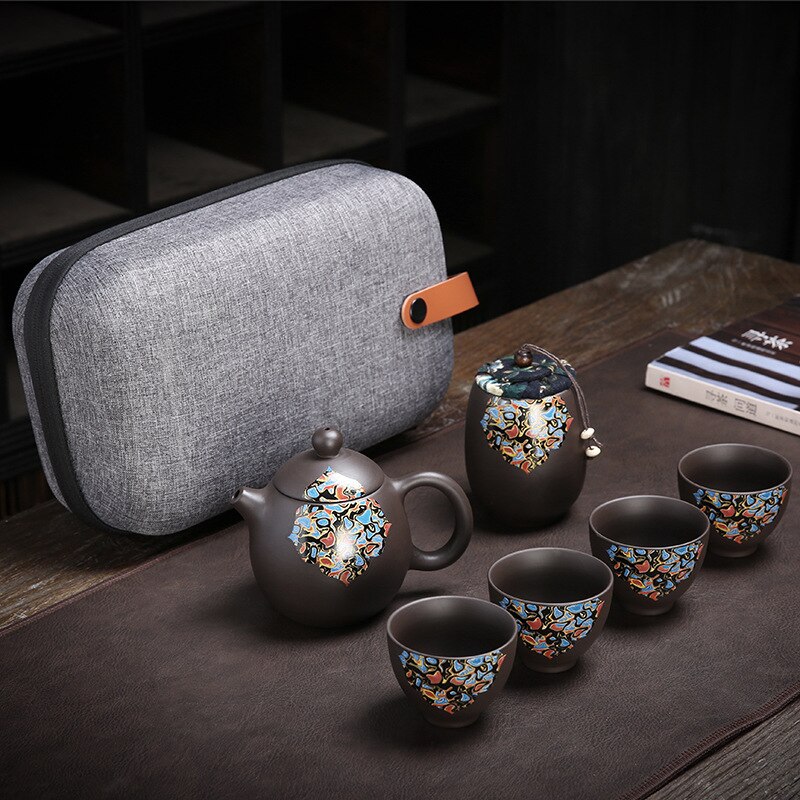 Yixing Dragon Teapot Sets 6pcs Ceramic Purple Clay Kung Fu Travel Tea Set 1 Teapot + 4 Cups + 1 Tank Handmade Teapot Set