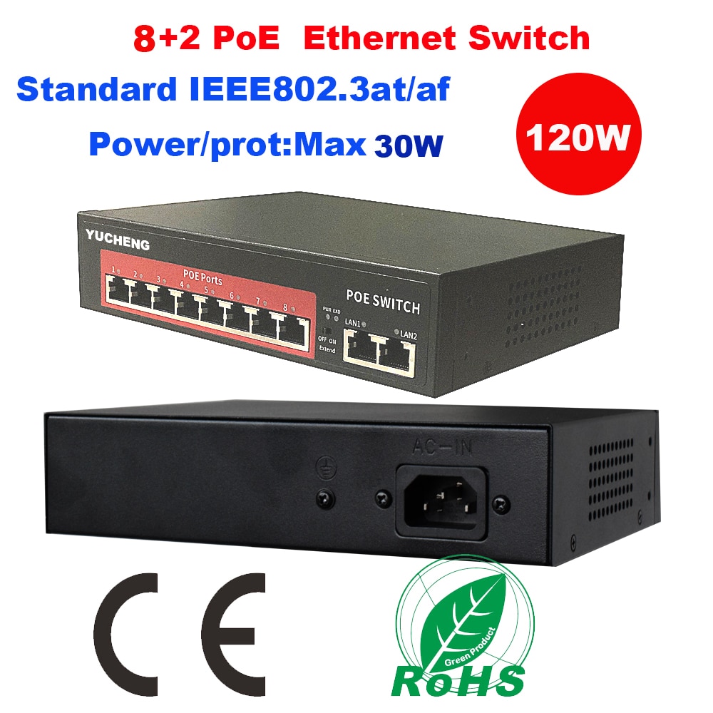 8CH Port POE Switch IEEE802.3 at/af 10 Port 8+2 POE 120W Ethernet Switch Injector Power Over Ethernet Switch