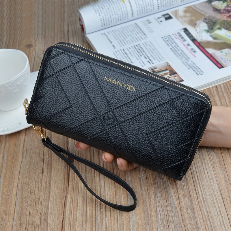 Femmes grande capacité portefeuille en cuir pochette Double fermetures à glissière bracelet porte-cartes de sac à main téléphone poche longue sac à main dames Carteras: 3