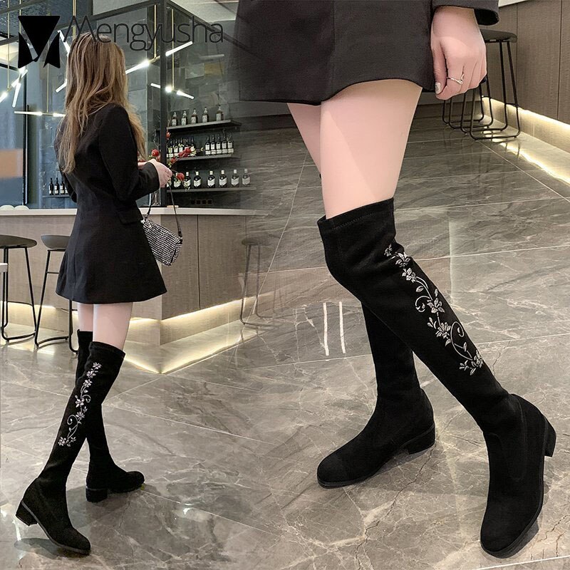Botas altas hasta el muslo con bordado de flores para mujer, botines cómodos por encima de la rodilla, de tacón grueso, calcetín largo y delgado