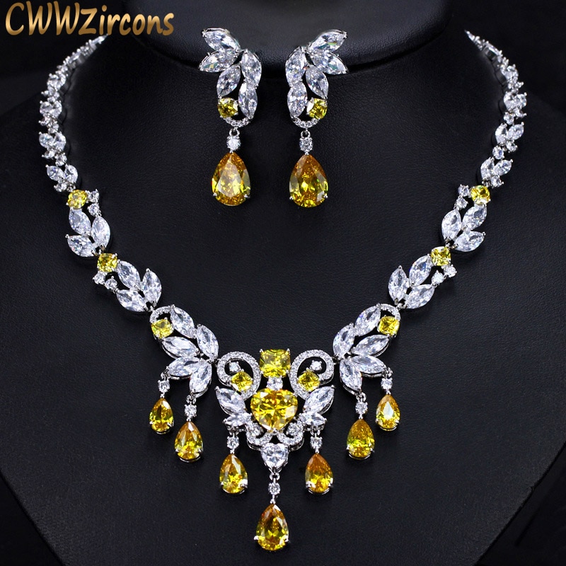 CWWZircons Circonia cúbica amarilla africana de lujo borla gota collar de boda joyería conjuntos para novias T290