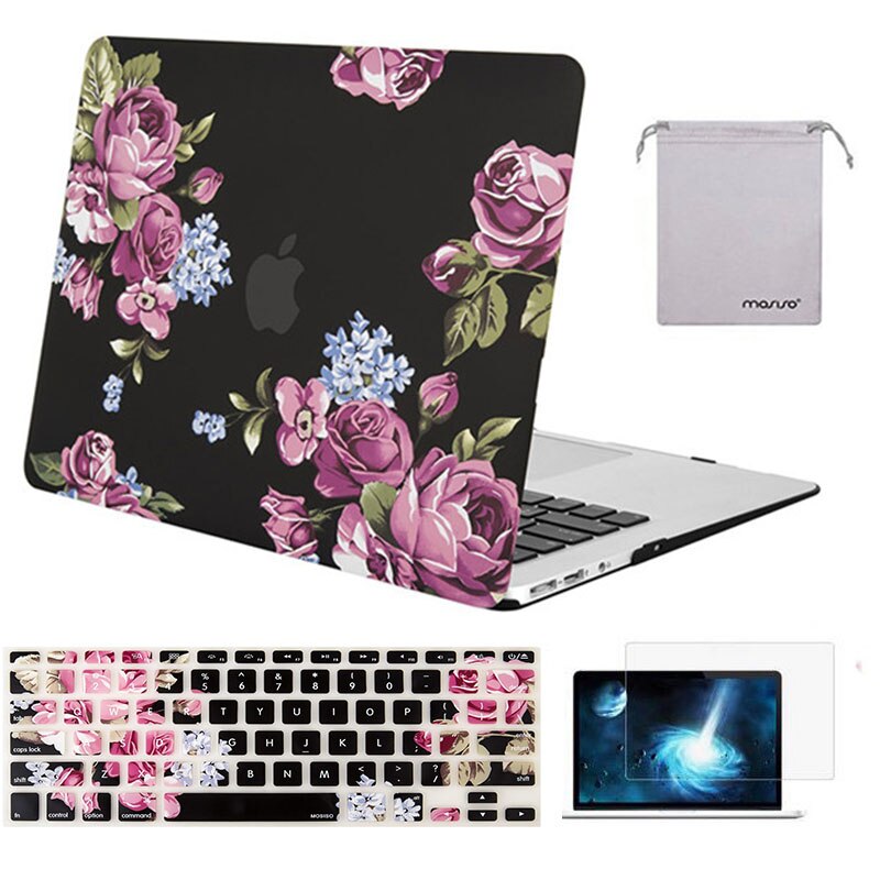Mosiso laptophoes voor macbook air 13 inch,  a1466 a1369 + siliconen toetsenbordhoes + schermfolie + opbergtas: Pioen