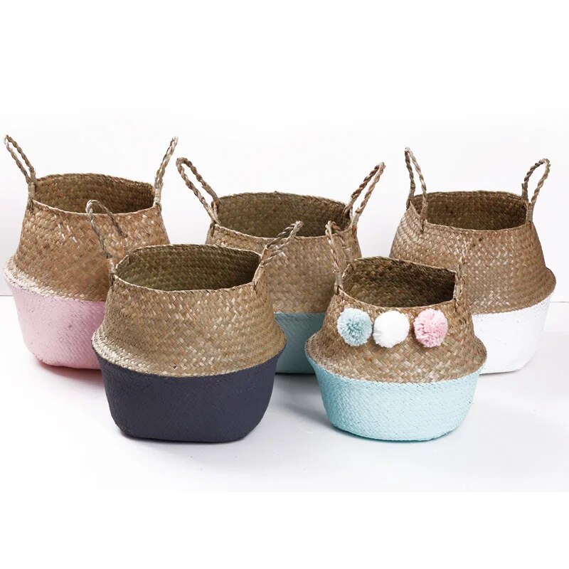 Foldable Basket Weaved Storage Baskets with Handle Laundry Toys Sundries Organizer Rattan Flower Pots Container Storage Supplies