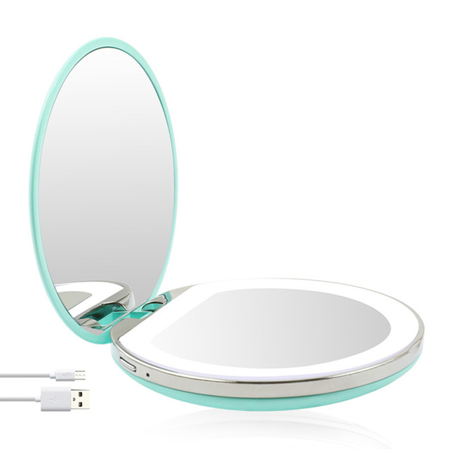 Magnifying Lighted Makeup Mirror Light Mini Round Portable LED Make Up Mirror Sensing USB Chargeable Makeup Mirror: Green