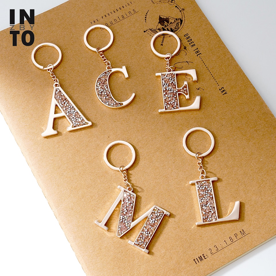 Into.zby Trendy Letter Keychains Crystal Key Rings Key Holder Initials Keychain Light Rose Gold Color Jewelry Bag Key