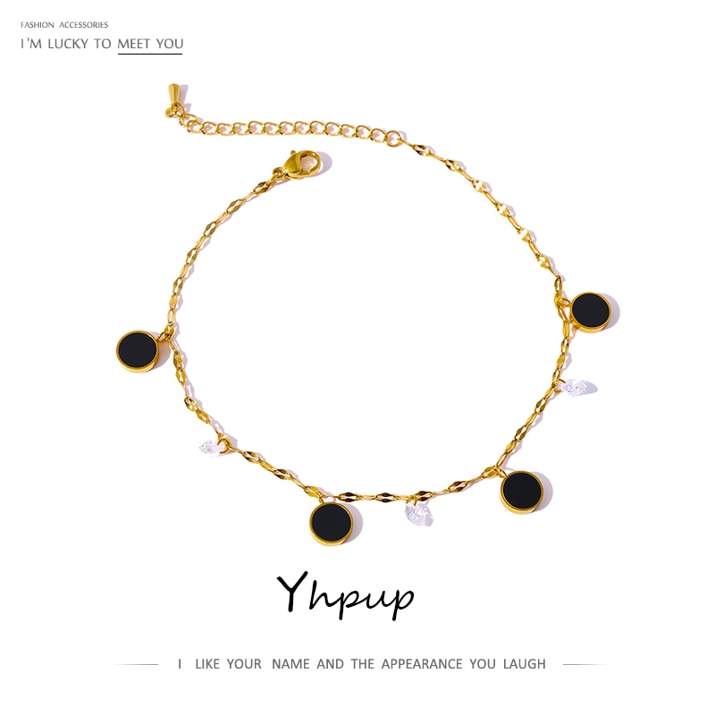 Yhpup Exquisite Ronde Emaille Gold Enkelband Waterdicht Roestvrij Staal Vrouwen Ketting Sandalen Barefoot Zirkoon Enkelbandje Zomer Sieraden