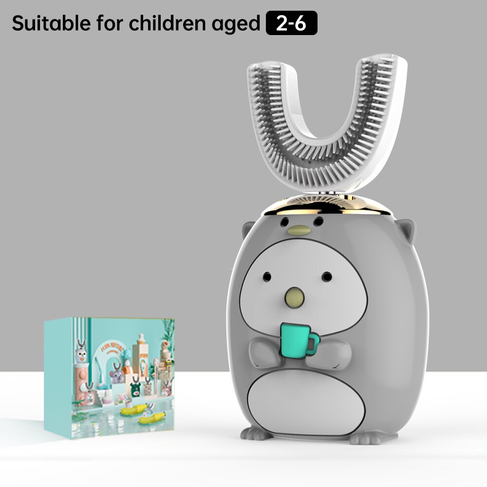Smart 360 Degress U Sonic Electric Toothbrush Kids Silicone Automatic Ultrasonic Tooth Brush Children Blue Light Teeth Brush: Penguin Gray 2-6